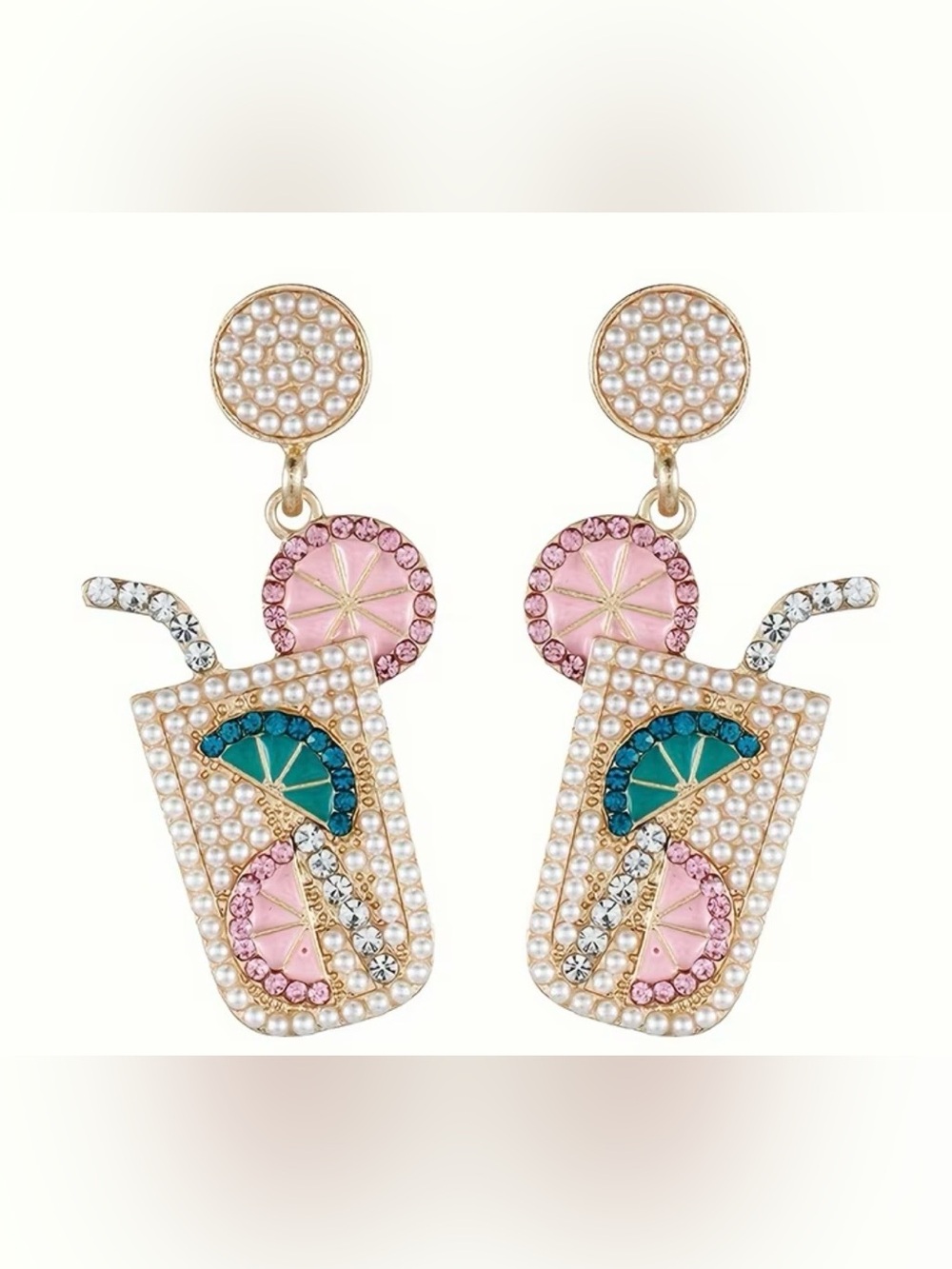 Pearl-Embellished Cocktail Drop Earrings in Pink and Green